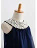 Navy Blue Chiffon Pearls Embellished Slit Back Short Flower Girl Dress